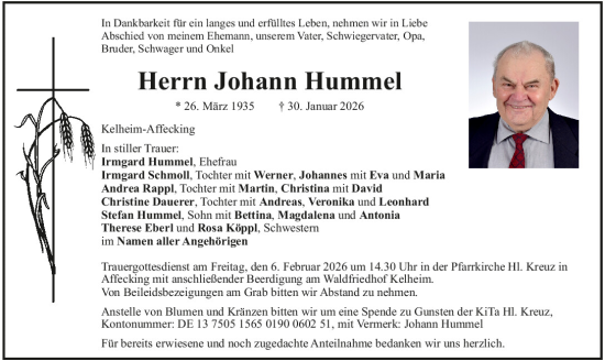 Traueranzeige von Johann Hummel von Mittelbayerische Zeitung Kelheim