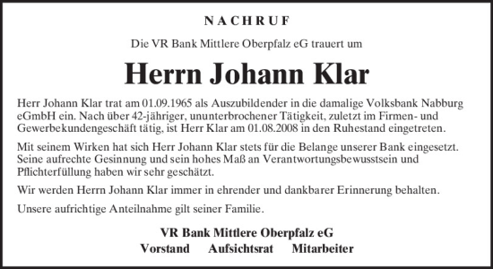 Traueranzeige von Johann Klar von Mittelbayerische Zeitung Schwandorf