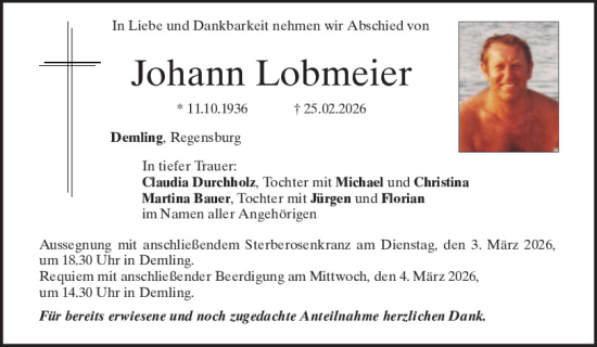 Traueranzeige von Johann Lobmeier von Mittelbayerische Zeitung Regensburg