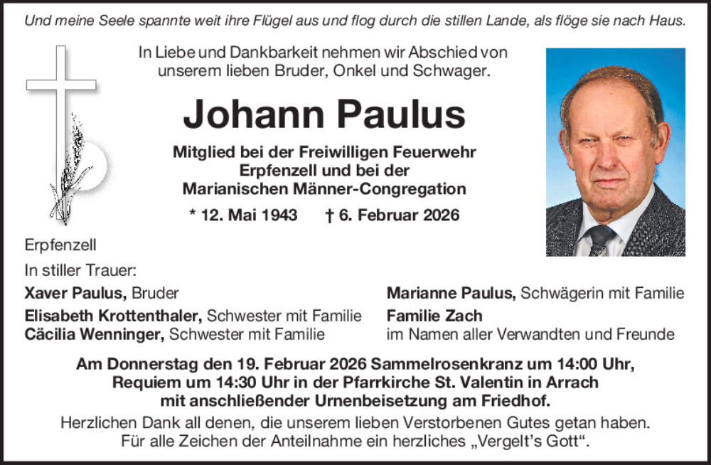  Traueranzeige für Johann Paulus vom 16.02.2026 aus Bayerwald Echo