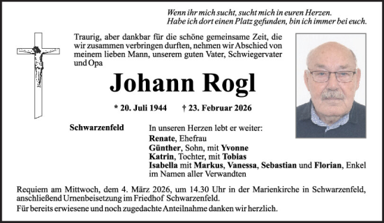 Traueranzeige von Johann Rogl von Mittelbayerische Zeitung Schwandorf