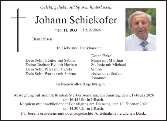 Traueranzeige von Johann Schiekofer von Mittelbayerische Zeitung Regensburg