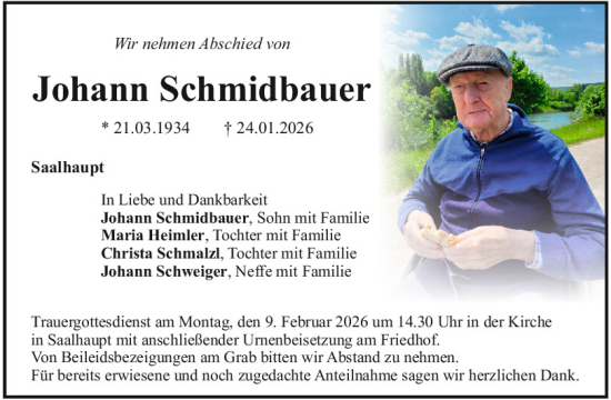 Traueranzeige von Johann Schmidbauer von Mittelbayerische Zeitung Kelheim