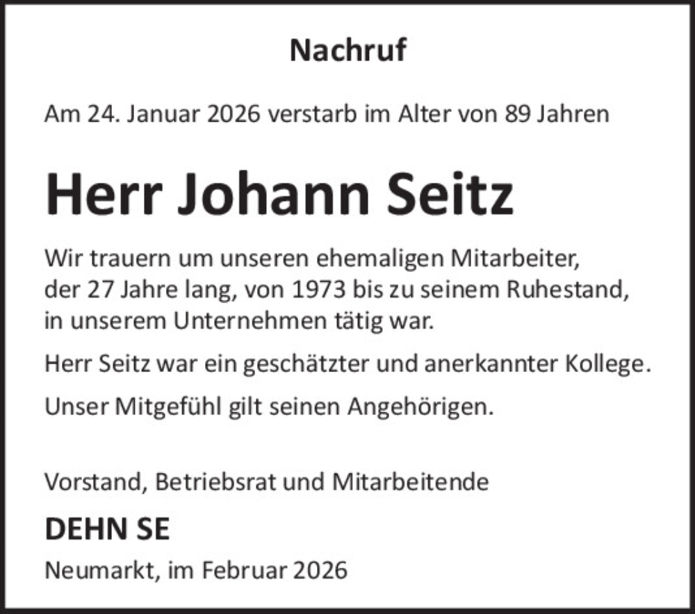  Traueranzeige für Johann Seitz vom 20.02.2026 aus Neumarkter Tagblatt