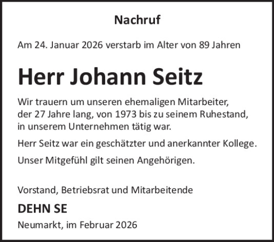 Traueranzeige von Johann Seitz von Neumarkter Tagblatt