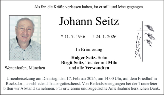 Traueranzeige von Johann Seitz von Neumarkter Tagblatt