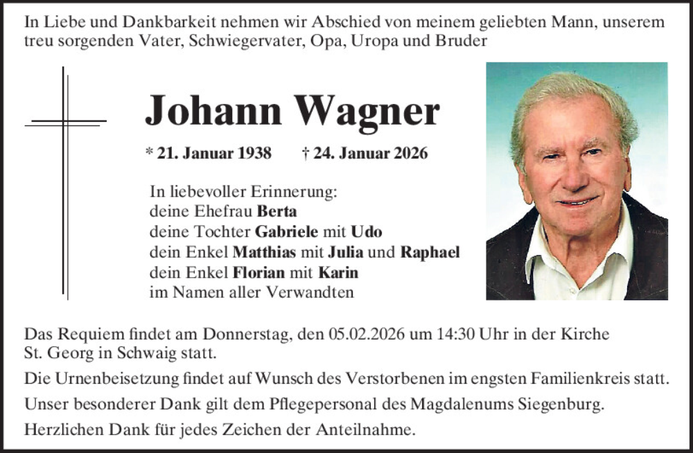  Traueranzeige für Johann Wagner vom 03.02.2026 aus Mittelbayerische Zeitung Kelheim