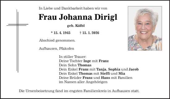 Traueranzeige von Johanna Dirigl von Mittelbayerische Zeitung Regensburg