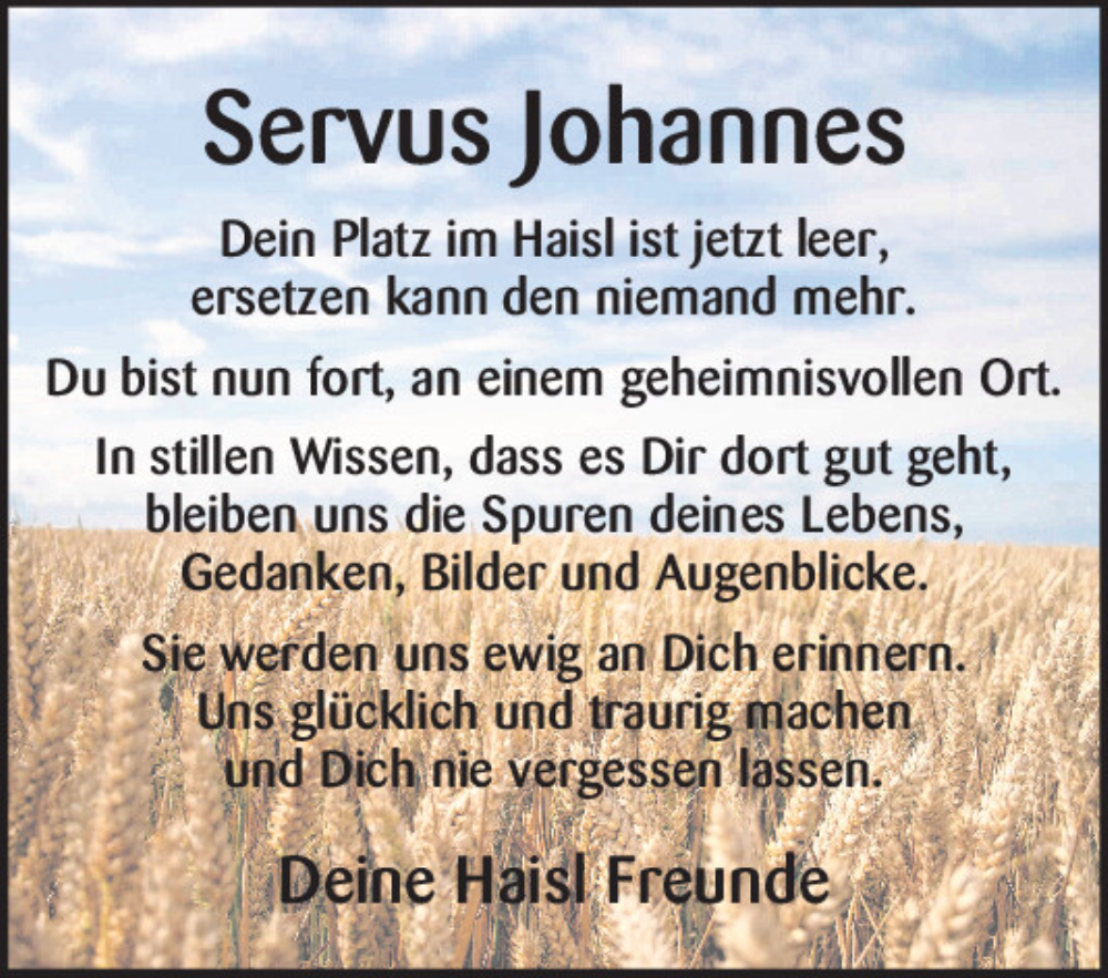  Traueranzeige für Johannes  vom 19.02.2026 aus Neumarkter Tagblatt