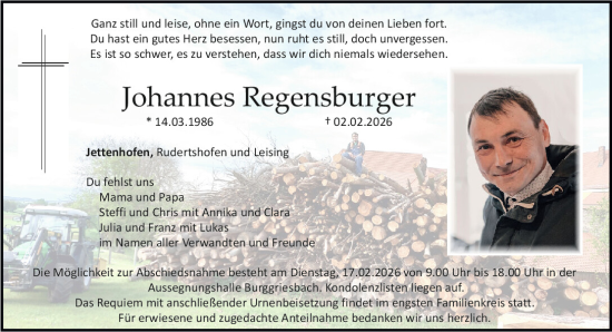 Traueranzeige von Johannes Regensburger von Neumarkter Tagblatt