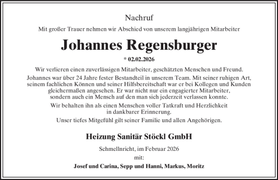 Traueranzeige von Johannes Regensburger von Neumarkter Tagblatt