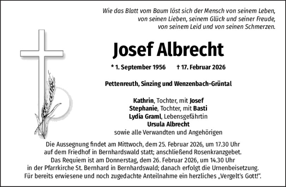 Traueranzeige für Josef Albrecht vom 21.02.2026 aus Mittelbayerische Zeitung Regensburg