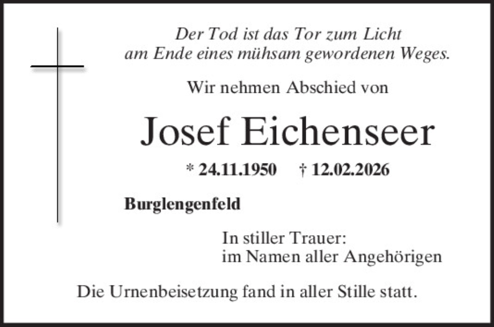  Traueranzeige für Josef Eichenseer vom 25.02.2026 aus Mittelbayerische Zeitung Schwandorf