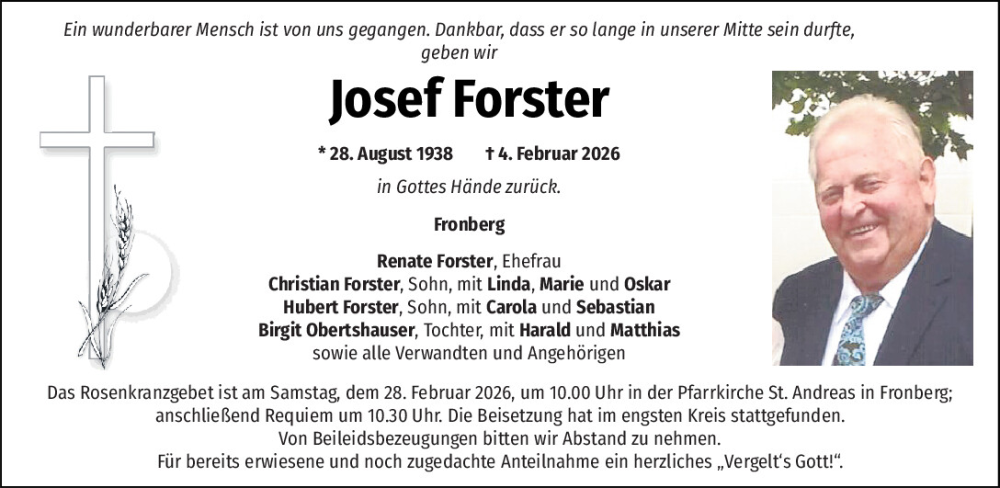  Traueranzeige für Josef Forster vom 21.02.2026 aus Mittelbayerische Zeitung Schwandorf
