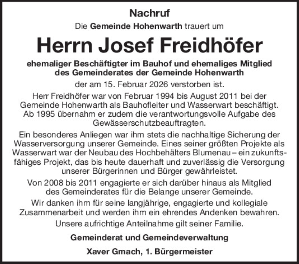  Traueranzeige für Josef Freidhöfer vom 23.02.2026 aus Bayerwald Echo