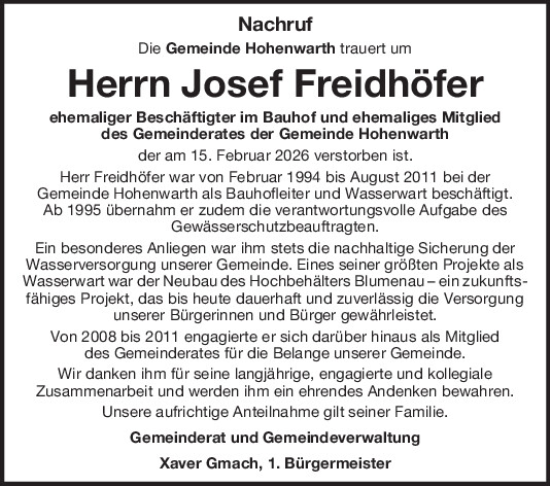 Traueranzeige von Josef Freidhöfer von Bayerwald Echo