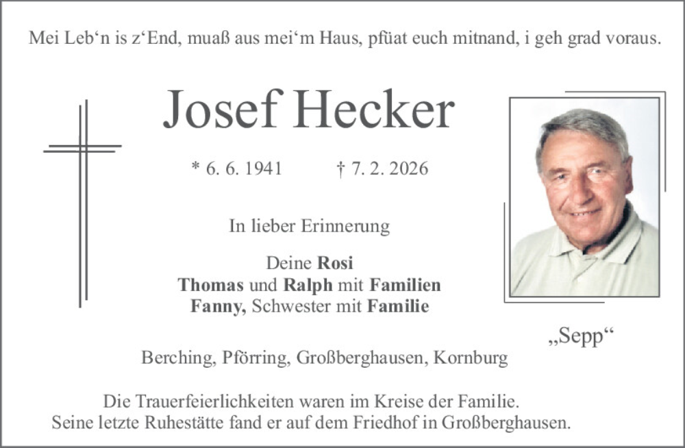  Traueranzeige für Josef Hecker vom 14.02.2026 aus Neumarkter Tagblatt