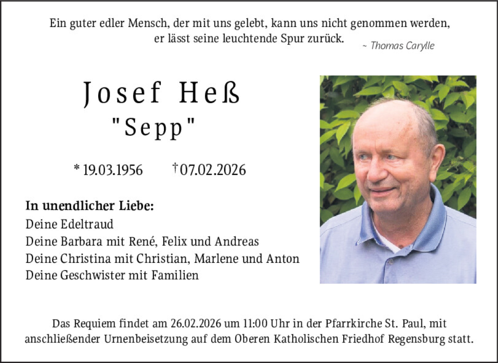  Traueranzeige für Josef Heß vom 14.02.2026 aus Mittelbayerische Zeitung Regensburg