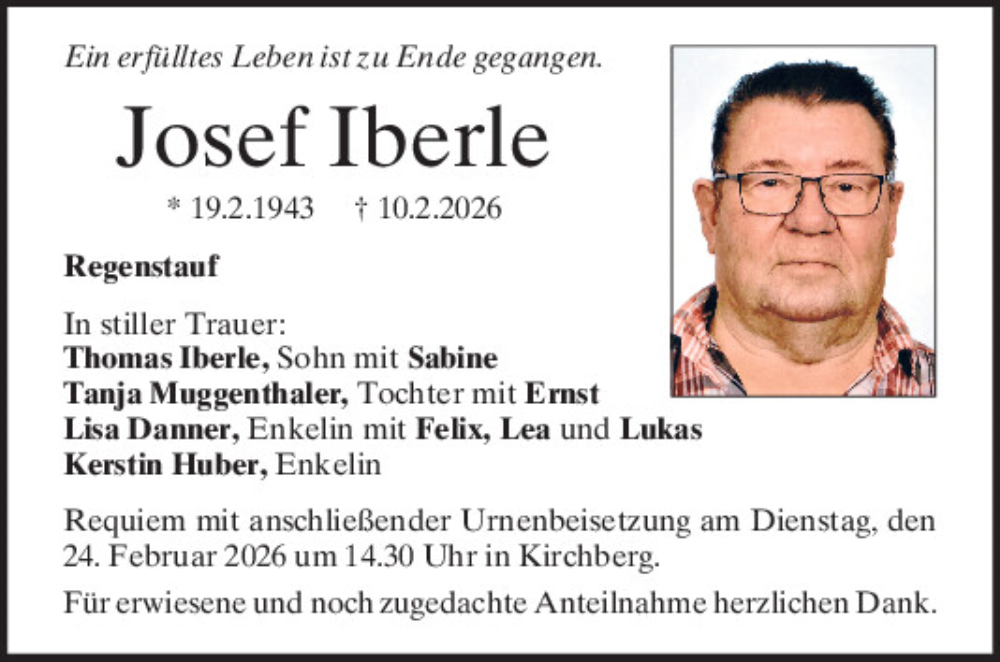  Traueranzeige für Josef Iberle vom 21.02.2026 aus Mittelbayerische Zeitung Regensburg