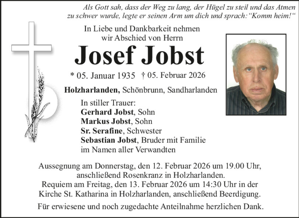  Traueranzeige für Josef Jobst vom 10.02.2026 aus Mittelbayerische Zeitung Kelheim