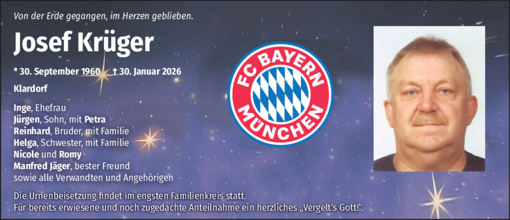  Traueranzeige für Josef Krüger vom 14.02.2026 aus Mittelbayerische Zeitung Schwandorf