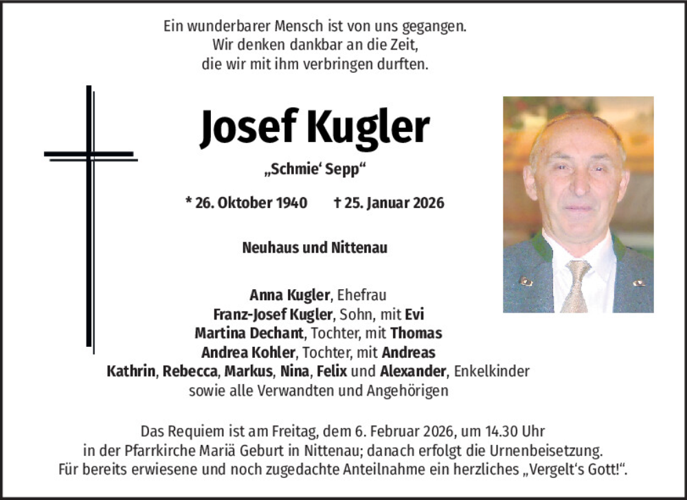  Traueranzeige für Josef Kugler vom 03.02.2026 aus Mittelbayerische Zeitung Schwandorf