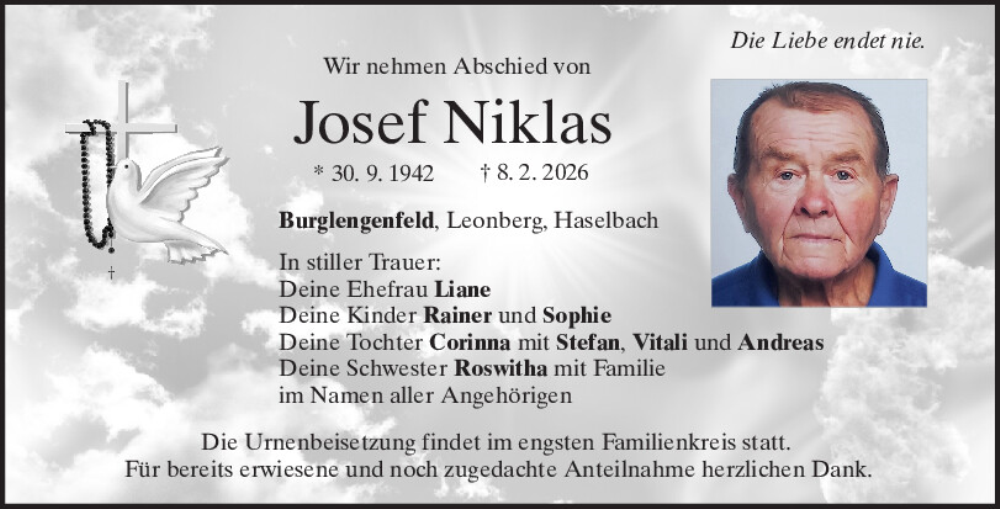  Traueranzeige für Josef Niklas vom 14.02.2026 aus Mittelbayerische Zeitung Schwandorf