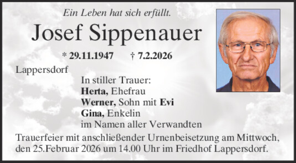  Traueranzeige für Josef Sippenauer vom 21.02.2026 aus Mittelbayerische Zeitung Regensburg