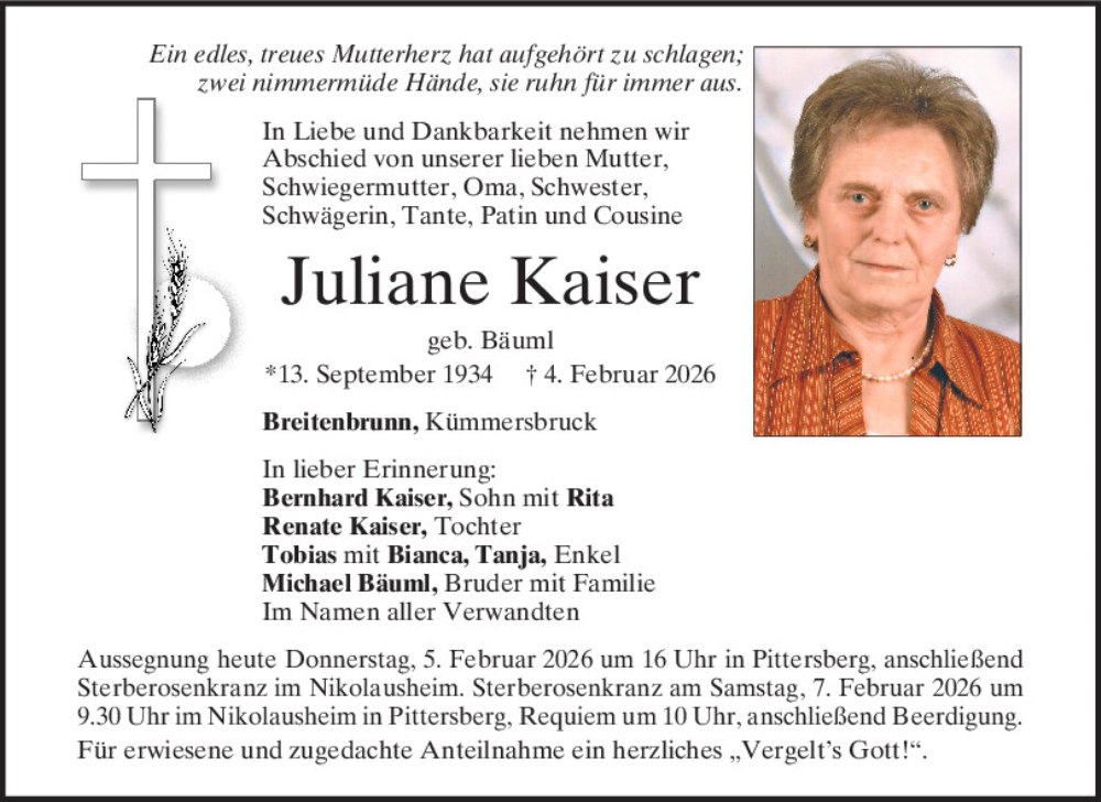  Traueranzeige für Juliane Kaiser vom 05.02.2026 aus Mittelbayerische Zeitung Schwandorf