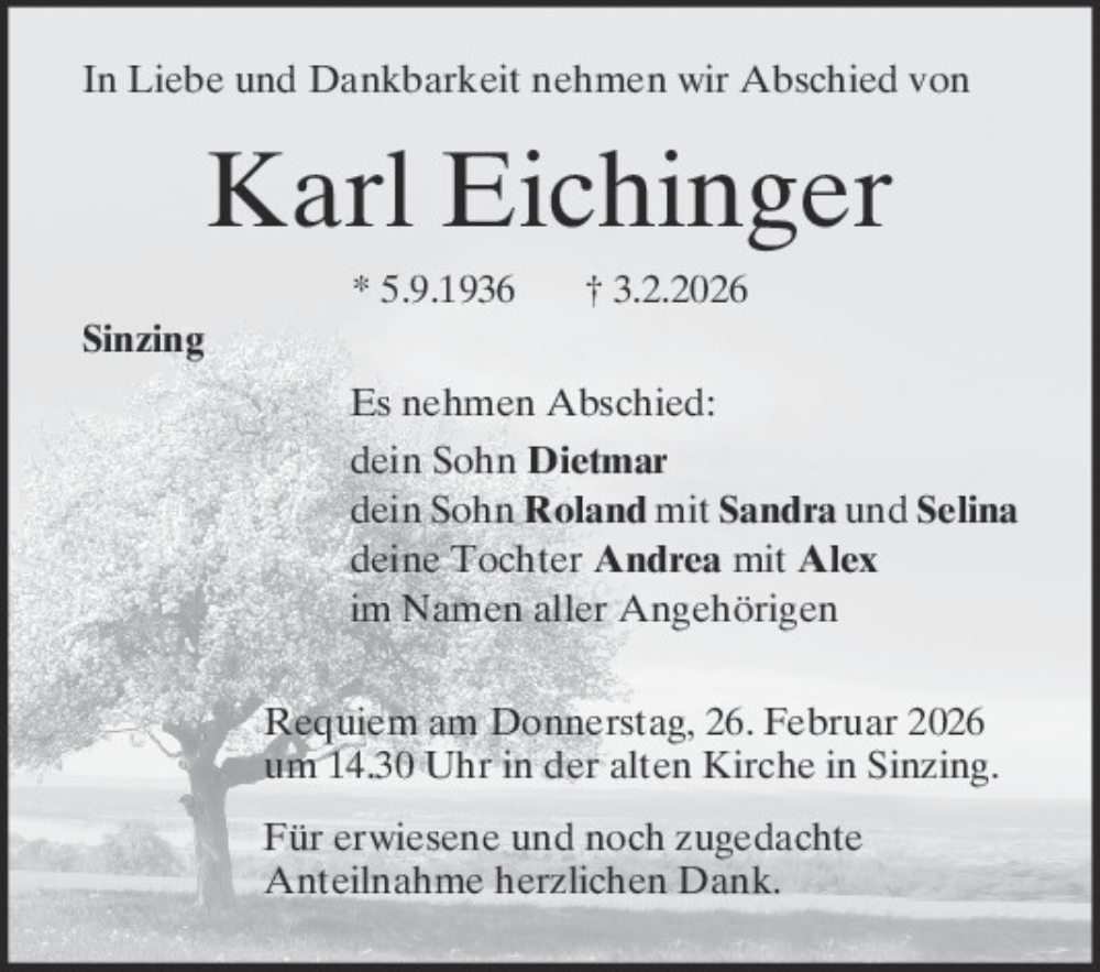  Traueranzeige für Karl Eichinger vom 24.02.2026 aus Mittelbayerische Zeitung Regensburg
