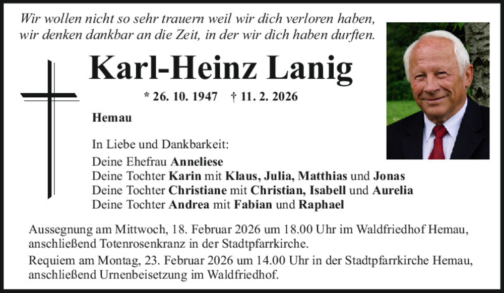  Traueranzeige für Karl-Heinz Lanig vom 16.02.2026 aus Mittelbayerische Zeitung Regensburg