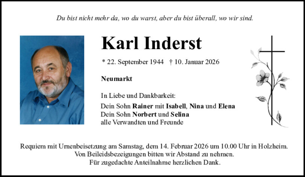  Traueranzeige für Karl Inderst vom 07.02.2026 aus Neumarkter Tagblatt