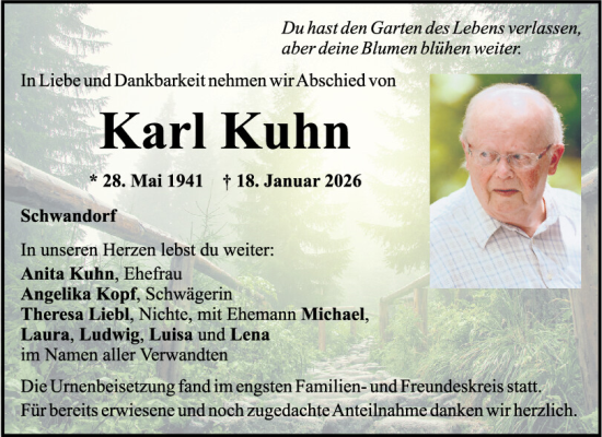 Traueranzeige von Karl Kuhn von Mittelbayerische Zeitung Schwandorf