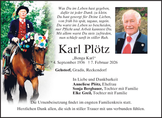 Traueranzeige von Karl Plötz von Bayerwald Echo