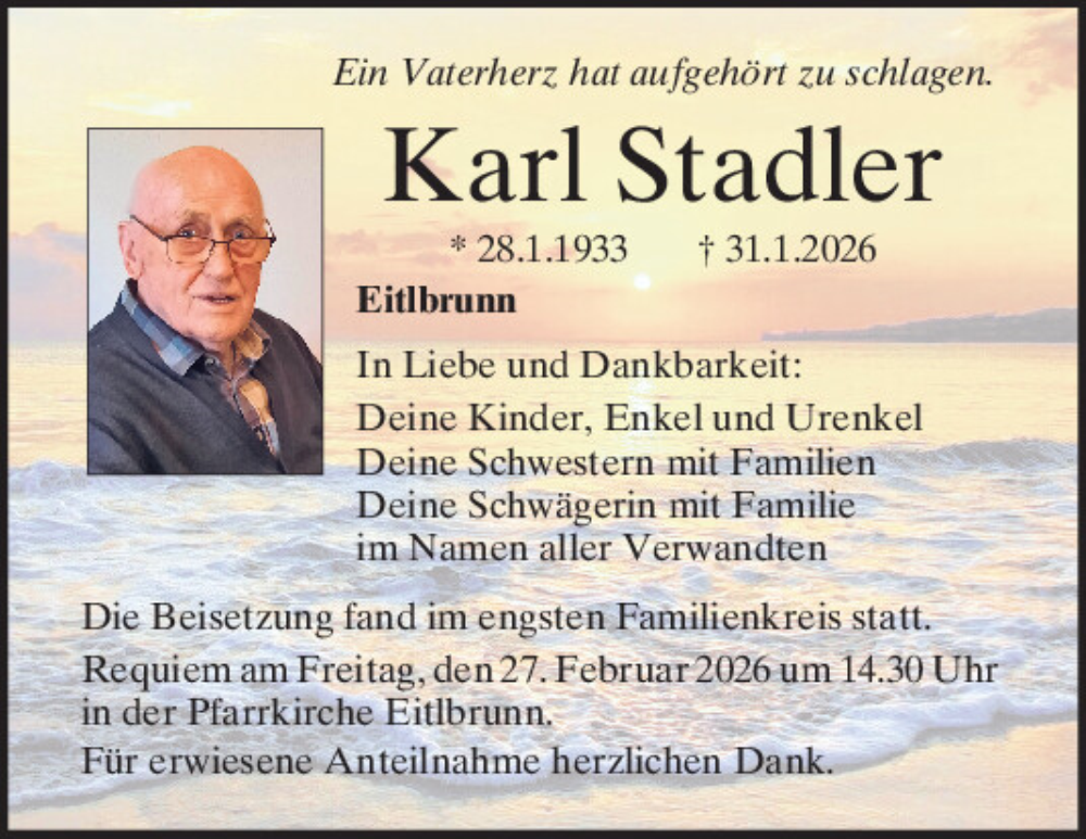  Traueranzeige für Karl Stadler vom 21.02.2026 aus Mittelbayerische Zeitung Regensburg