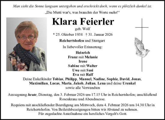 Traueranzeige von Klara Feierler von Neumarkter Tagblatt