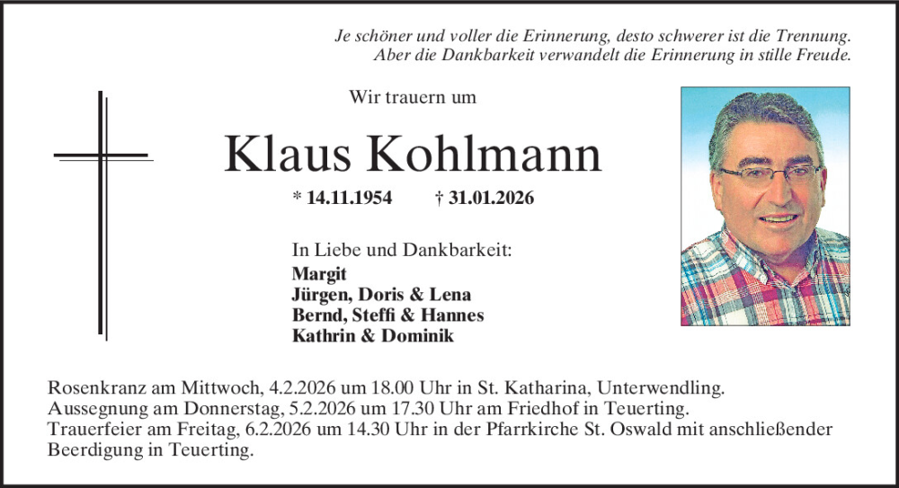  Traueranzeige für Klaus Kohlmann vom 03.02.2026 aus Mittelbayerische Zeitung Kelheim