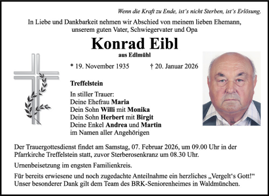 Traueranzeige von Konrad Eibl von Bayerwald Echo