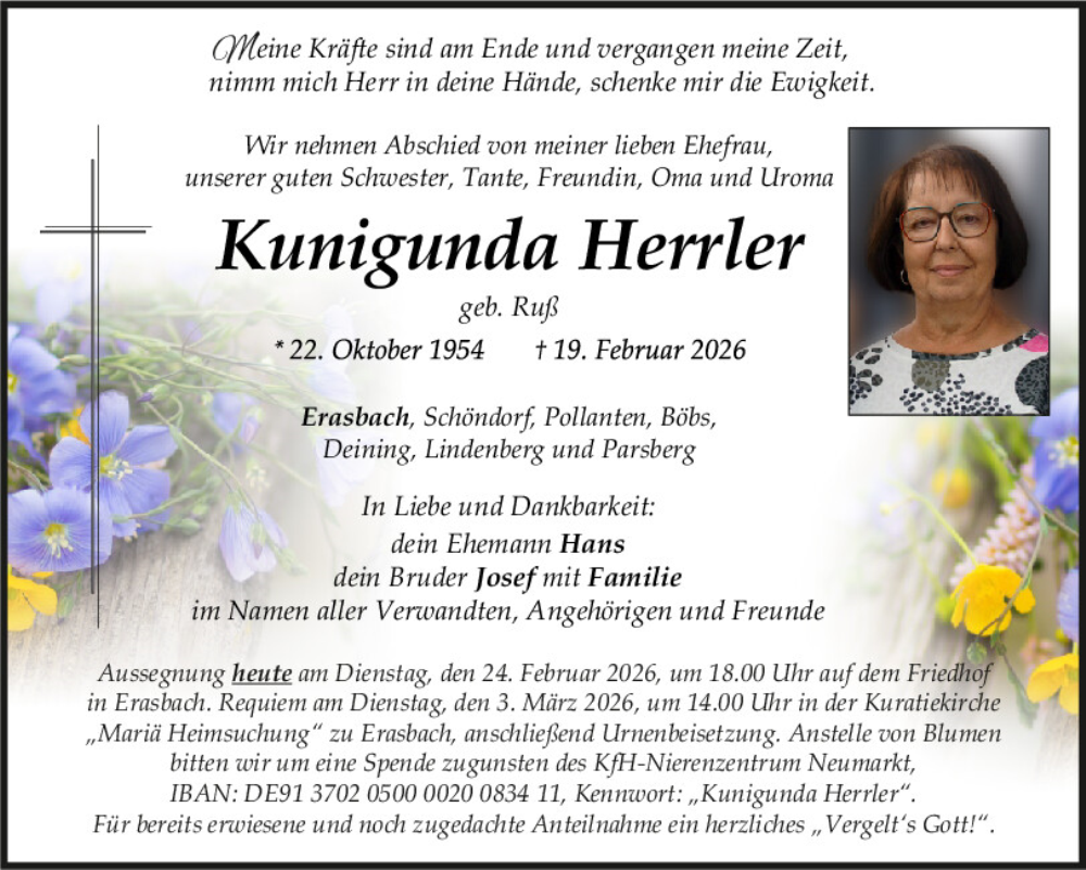  Traueranzeige für Kunigunda Herrler vom 24.02.2026 aus Neumarkter Tagblatt