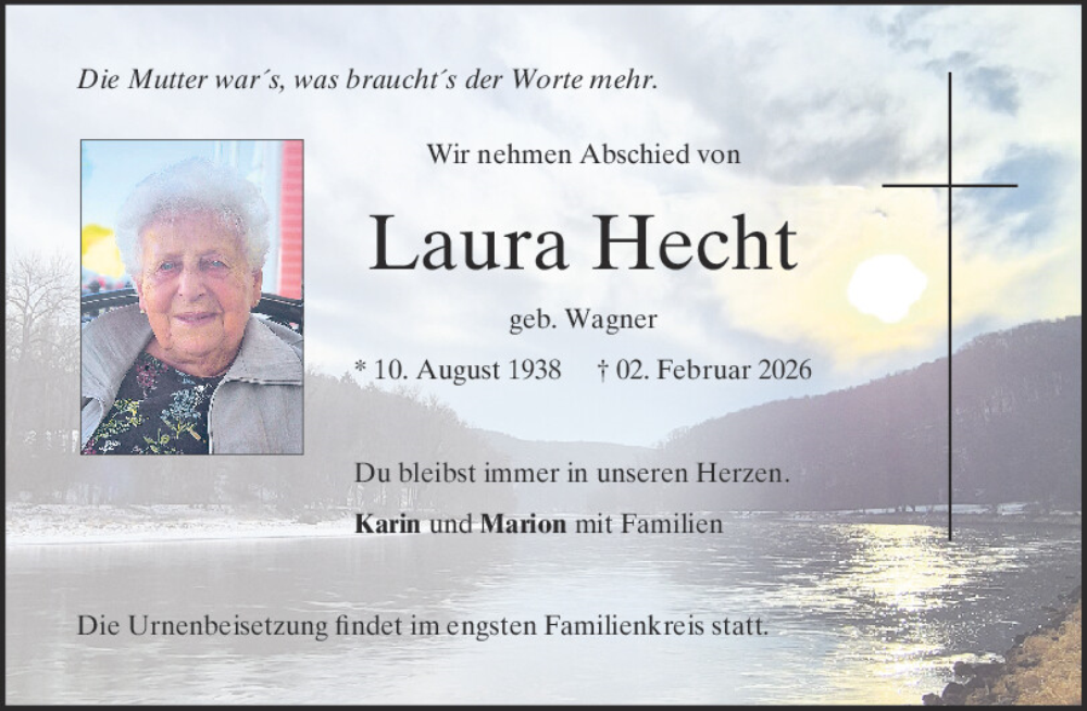  Traueranzeige für Laura Hecht vom 14.02.2026 aus Mittelbayerische Zeitung Kelheim