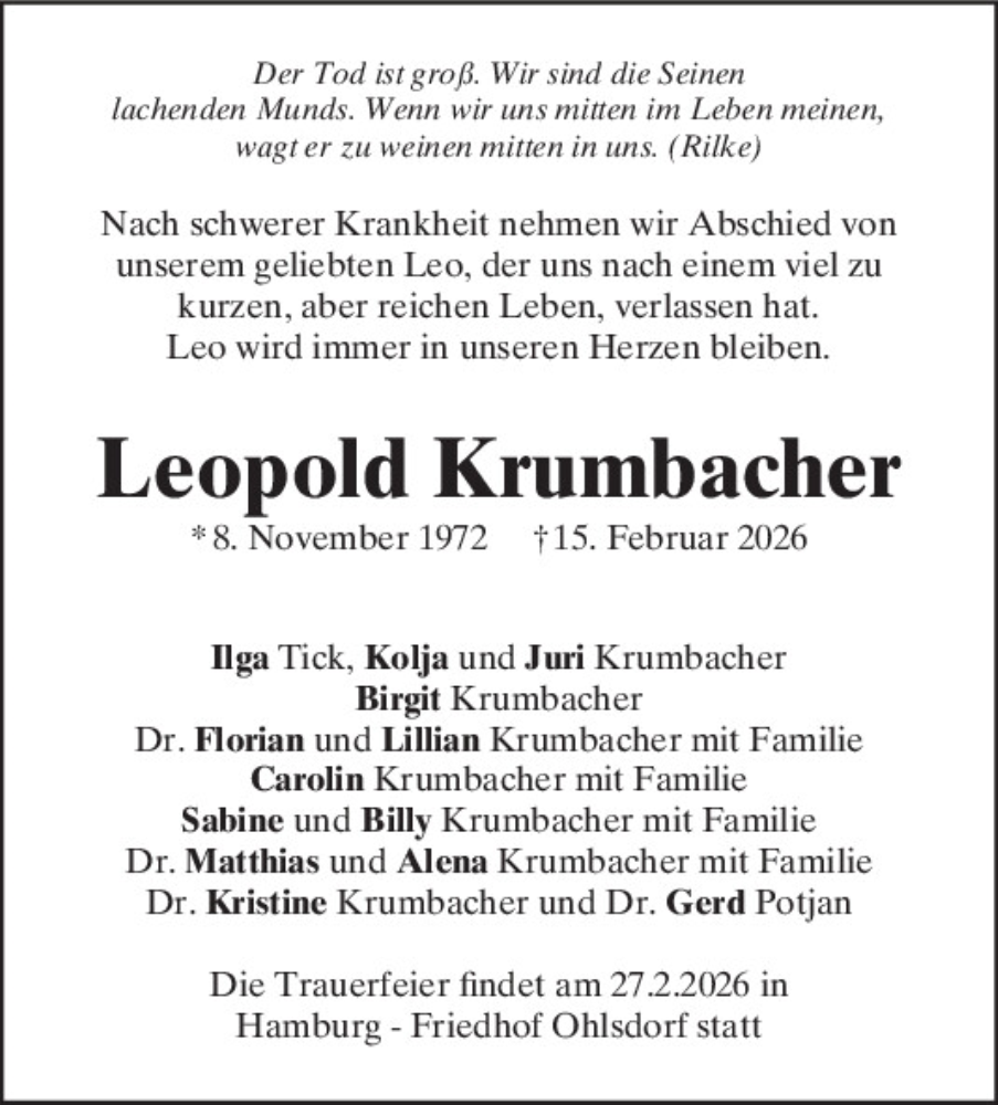  Traueranzeige für Leopold Krumbacher vom 21.02.2026 aus Mittelbayerische Zeitung Regensburg