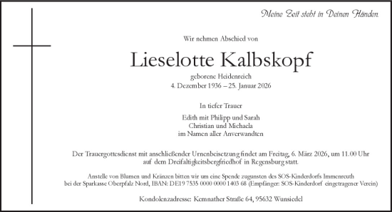 Traueranzeige von Lieselotte Kalbskopf von Mittelbayerische Zeitung Regensburg