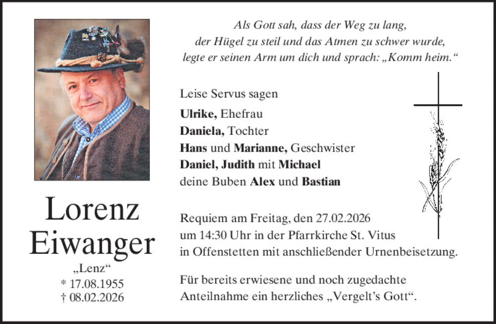  Traueranzeige für Lorenz Eiwanger vom 25.02.2026 aus Mittelbayerische Zeitung Kelheim
