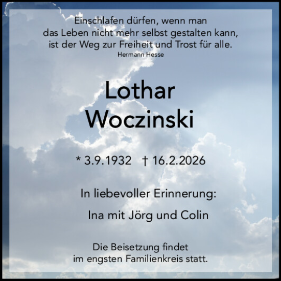 Traueranzeige von Lothar Woczinski von Neumarkter Tagblatt