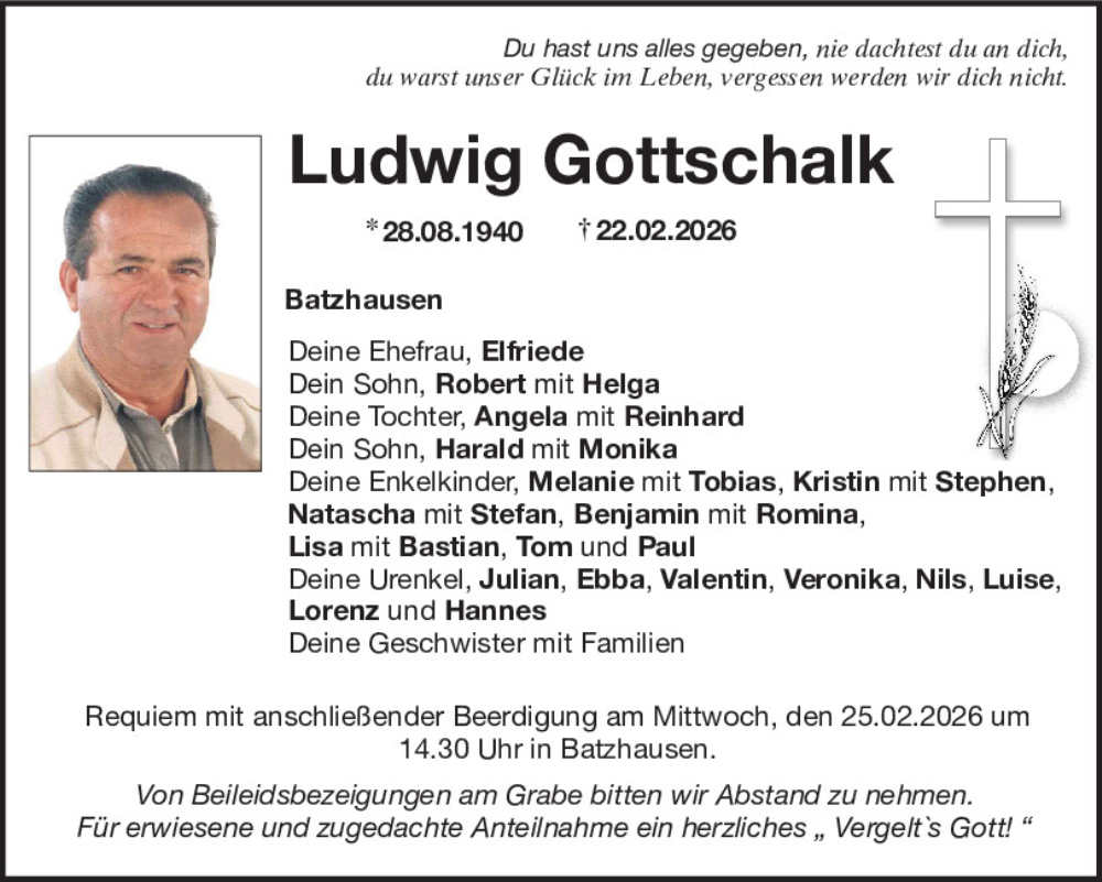  Traueranzeige für Ludwig Gottschalk vom 24.02.2026 aus Neumarkter Tagblatt