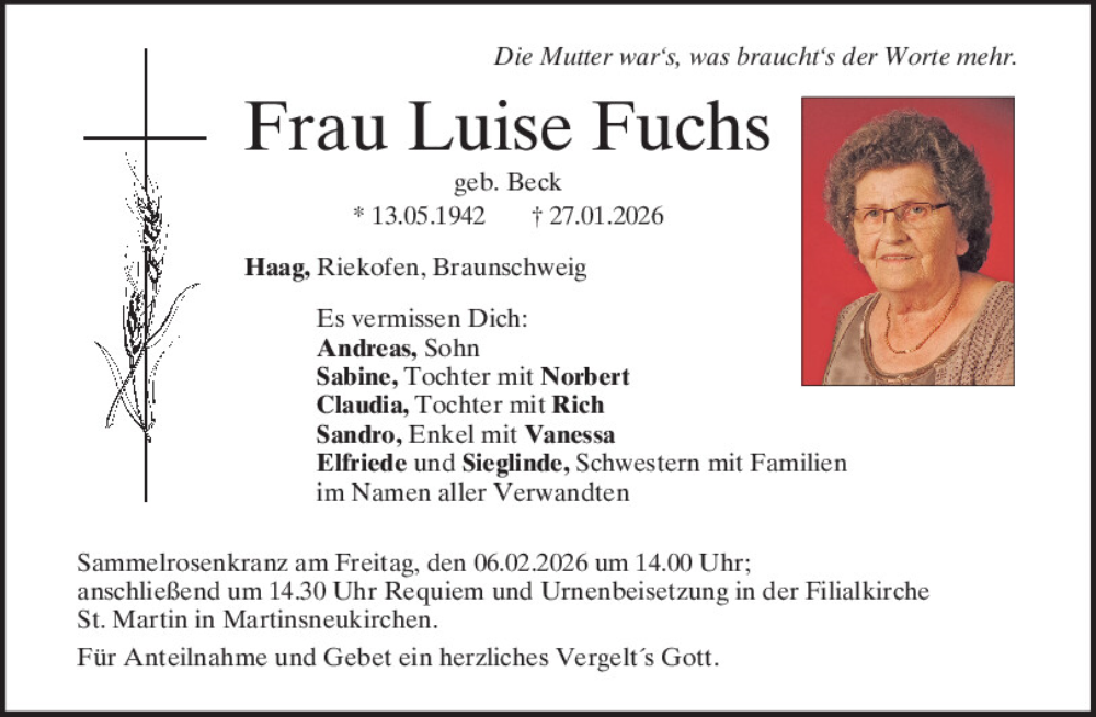  Traueranzeige für Luise Fuchs vom 04.02.2026 aus Bayerwald Echo
