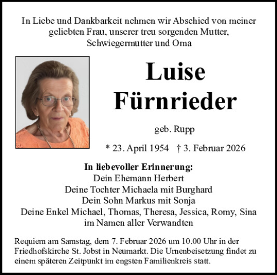 Traueranzeige von Luise Fürnrieder von Neumarkter Tagblatt