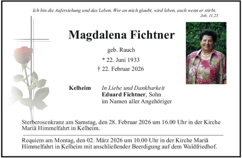  Traueranzeige für Magdalena Fichtner vom 28.02.2026 aus Mittelbayerische Zeitung Kelheim