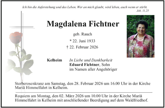 Traueranzeige von Magdalena Fichtner von Mittelbayerische Zeitung Kelheim