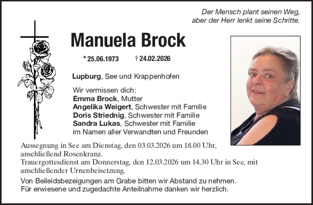 Traueranzeige für Manuela Brock vom 28.02.2026 aus Neumarkter Tagblatt